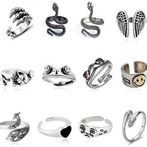 12 Pcs Silver Plated Frog Rings Set, Cute Animal Open Rings Pack