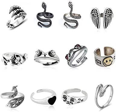 12 Pcs Silver Plated Frog Rings Set, Cute Animal Open Rings Pack